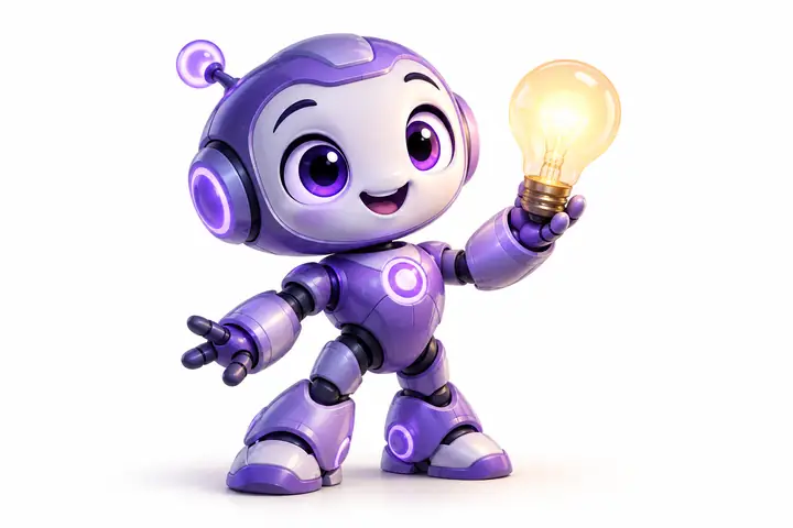 Freundliches violettes KI-Maskottchen, das neben einem sauberen weißen Hintergrund eine leuchtende Glühbirne hält.