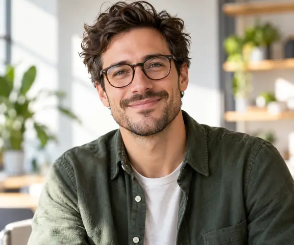 Lächelnder männlicher Gründer mit Brille in einem hellen Studioporträt, sympathisch und nachdenklich.