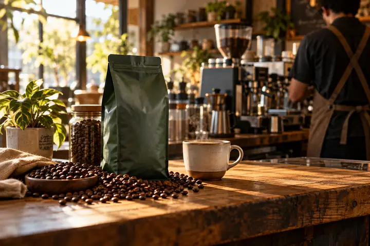 Warme redaktionelle Fotografie einer Theke in einem unabhängigen Café mit Kaffeebohnen und Morgenlicht.