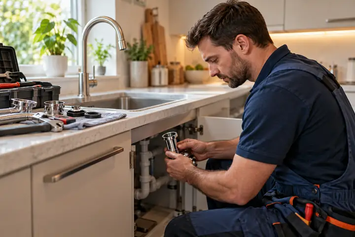 Professioneller Klempner, der neben einem modernen Spülbecken in einer ordentlichen Küche Werkzeuge vorbereitet.