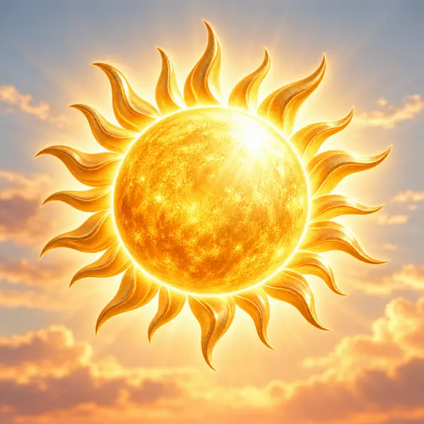 Kleines illustriertes goldenes Sonnen-Favicon für eine Website mit französischen Begrüßungen.