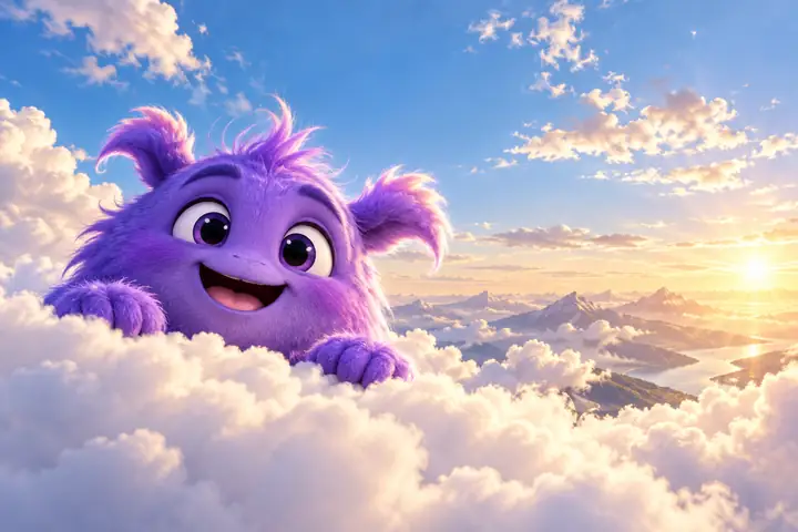 Freundliches violettes Maskottchen, das über weichen weißen Wolken unter einem hellen, offenen Himmel hervorschaut – eine verspielte, optimistische Landingpage-Szene.
