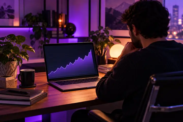 Violett beleuchtetes Heimbüro mit einem Laptop, auf dem ein Diagramm zur Suchleistung angezeigt wird.