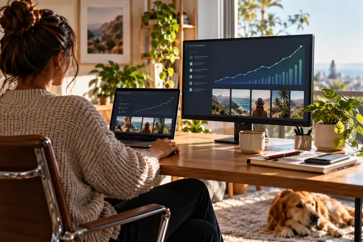 Heller Arbeitsplatz zu Hause mit einem Laptop und Monitor, auf denen ein wachsendes Content-Dashboard angezeigt wird.