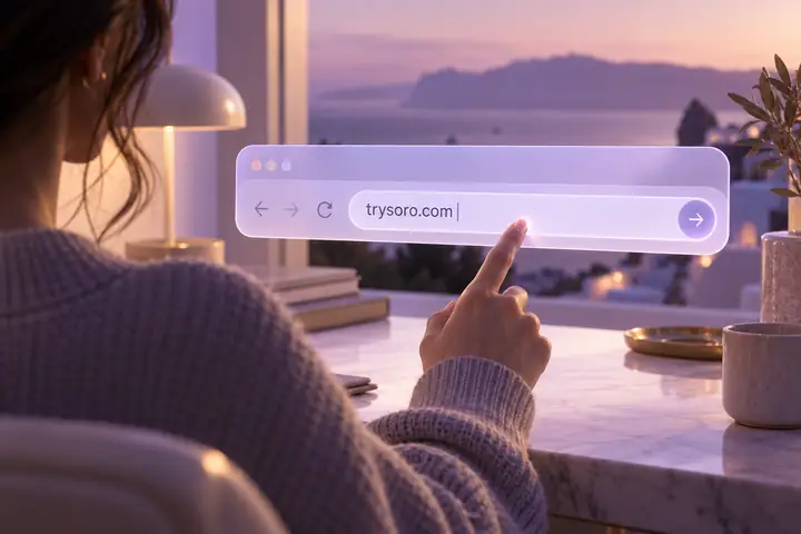 Minimale Browserkarte, in die gerade eine Website-Adresse eingetragen wird, mit weicher violetter Benutzeroberfläche und sanftem Hand-Cursor.